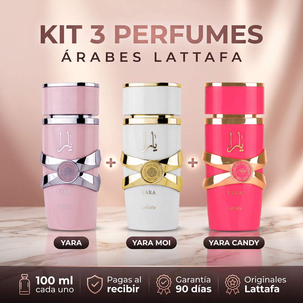 Kit 3 perfumes árabes Lattafa: Yara, Yara Moi y Yara Candy 100 ml
